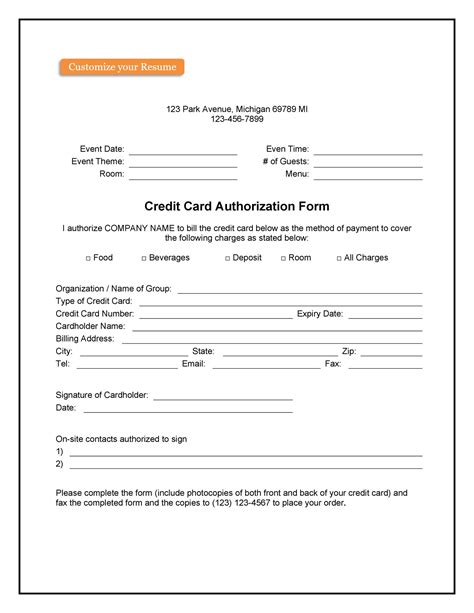 credit card authorization form template word.